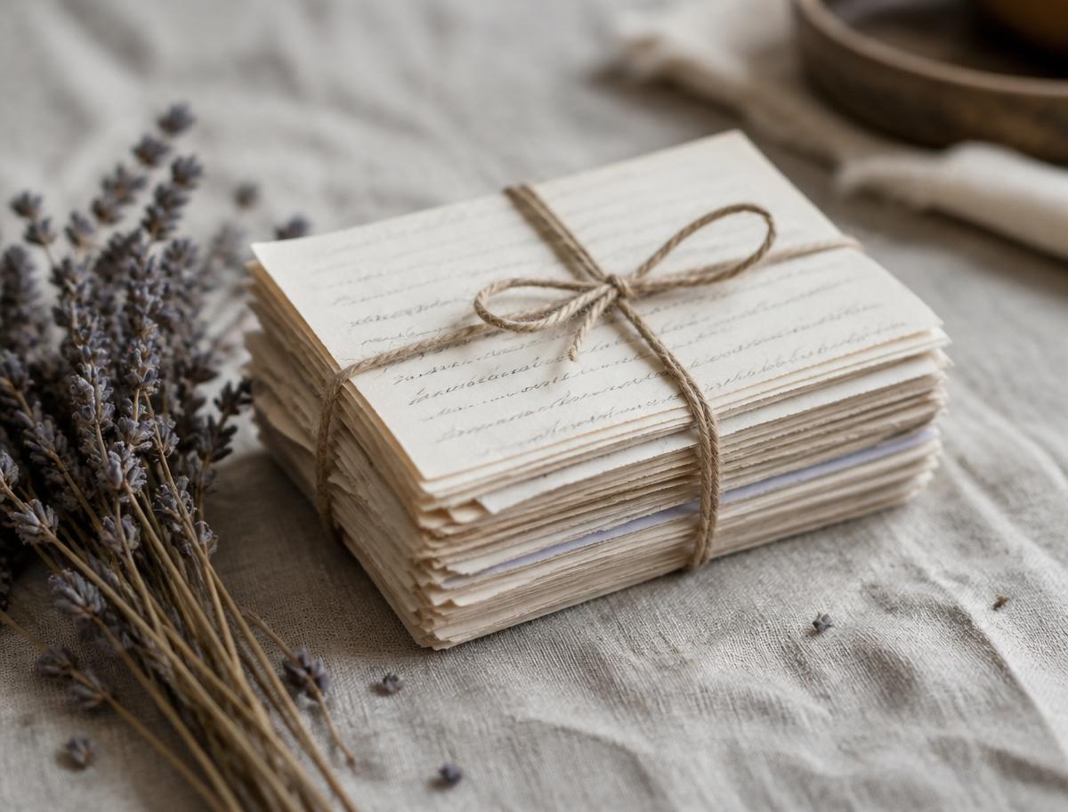 A bundle of handwritten letters tied with linen twine beside dried lavender